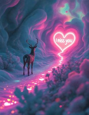 The primary subject of the image is a deer walking down a path. The setting is a forest with a pink background, giving the scene a surreal and dreamy atmosphere. The visual style is a digital art or illustration, with the deer and the path being the main focus of the image. The colors and mood are predominantly pink, creating a warm and inviting ambiance.
