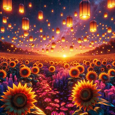 The primary subject of the image is a field filled with sunflowers, which are the main objects in the scene. The setting is a beautiful garden with a sunset in the background, creating a serene and picturesque atmosphere. The visual style of the image is a digital art or illustration, showcasing the vibrant colors and intricate details of the sunflowers. The dominant colors in the image are yellow and orange, which evoke a warm and cheerful mood.