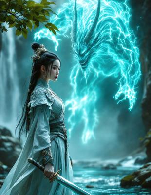 The primary subject of the image is a woman dressed in a white gown, standing in front of a large, blue, lightning-filled dragon. The setting appears to be a waterfall, with the woman and the dragon being the main focus of the scene. The visual style of the image is digital art, with the woman and the dragon being depicted in a detailed and vibrant manner. The colors and mood of the image are predominantly blue and green, with the lightning adding a sense of energy