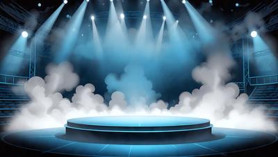 The primary subject of the image is a stage with a blue background. The stage is illuminated by a series of lights, creating a dramatic and visually appealing atmosphere. The setting is a theater or a similar venue, and the visual style is a combination of digital art and illustration. The colors and mood of the image are predominantly blue, creating a sense of calmness and sophistication.