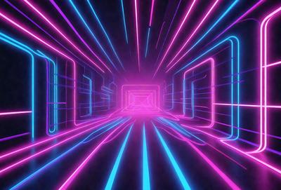 The primary subject of the image is a brightly lit tunnel with a purple and pink neon lighting. The setting is a futuristic environment, possibly a space station or a futuristic city. The visual style is a digital art or illustration, with the colors and mood creating a sense of excitement and wonder.