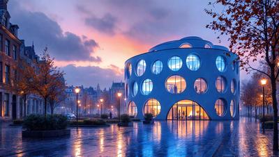 The primary subject of the image is a large, modern building with a unique, round shape. The building is surrounded by a reflective pool, which adds to the overall visual appeal of the scene. The setting appears to be a city street, with a few cars parked nearby. The visual style of the image is a combination of photo and digital art, creating a striking and modern appearance. The colors and mood of the image are predominantly blue, with the reflective pool and the building's design contributing to a calm and