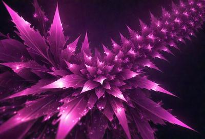 The primary subject of the image is a large, purple flower with multiple petals. The flower is the main focus of the image, and it is set against a dark background. The visual style of the image is a combination of photo and digital art, creating a unique and eye-catching display. The dominant colors in the image are purple and pink, giving the flower a vibrant and lively appearance.