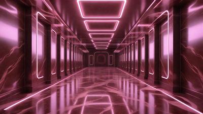 The primary subject of the image is a long, narrow hallway with a pink color scheme. The setting is a dark room with a row of doors lining the hallway. The visual style appears to be a combination of a photo and digital art, creating a unique and intriguing atmosphere. The colors and mood of the image are predominantly pink, giving it a warm and inviting feel.