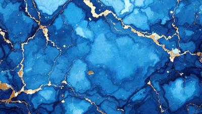 The primary subject of the image is a blue and gold marbled surface, which appears to be a painting or drawing. The setting is a blue and gold marbled wall, and the visual style is a combination of painting and drawing. The colors and mood of the image are predominantly blue and gold, creating a warm and inviting atmosphere.