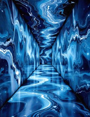 The primary subject of the image is a long, narrow, blue-tinted hallway with a blue-tinted floor. The setting is a futuristic environment, possibly a space station or a futuristic building. The visual style is a combination of a photo and digital art, creating a unique and intriguing atmosphere. The dominant colors are blue and white, giving the scene a calming and futuristic mood.