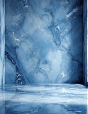 The primary subject of the image is a blue marble wall with a pattern of white and blue swirls. The setting is a room with a blue marble floor, and the visual style is a photo. The dominant colors are blue and white, creating a calm and serene atmosphere.