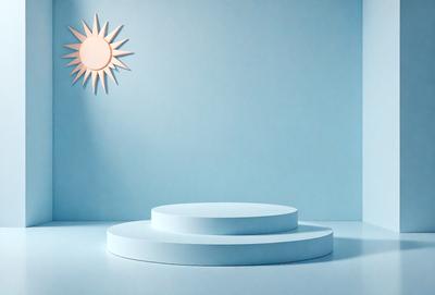 The primary subject of the image is a white, round, flat object, possibly a table or a sculpture, placed on a blue surface. The setting appears to be a studio or an artistic environment, as the object is the main focus of the image. The visual style is a combination of photo and digital art, creating a unique and artistic composition. The colors and mood of the image are predominantly blue, giving it a calm and serene atmosphere.
