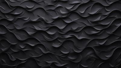 The primary subject of the image is a black and white patterned wallpaper. The setting is a black wall, and the visual style is a close-up of the wallpaper. The dominant colors are black and white, creating a bold and striking appearance.