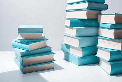 The primary subject of the image is a stack of books. The books are blue and white, and they are arranged in a pile. The setting is a white table, and the visual style is a photo. The colors and mood of the image are predominantly white and blue, giving it a clean and organized appearance.