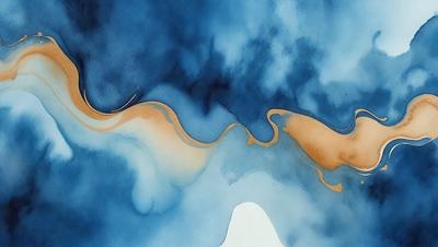 The primary subject of the image is a painting of a blue ocean with a white wave. The setting is a blue background, and the visual style appears to be a digital art or illustration. The dominant colors are blue and white, creating a serene and calming atmosphere.