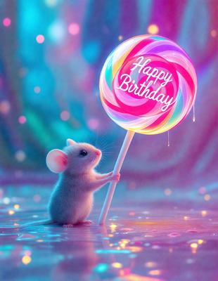 The primary subject of the image is a small mouse standing on a pink surface. The mouse is holding a pink and white birthday candy, which is a lollipop. The setting appears to be a colorful and whimsical environment, possibly a fantasy or imaginative scene. The visual style of the image is a combination of photo and digital art, creating a unique and playful atmosphere. The dominant colors in the image are pink and white, which contribute to the overall cheerful and celebratory mood