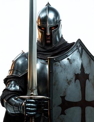 The primary subject of the image is a man wearing a suit of armor, holding a sword. The setting is a white background, which provides a clean and uncluttered environment for the image. The visual style is a digital art or illustration, as the man and his armor are depicted in a detailed and realistic manner. The colors and mood of the image are predominantly dark, with the man's armor and the sword being the main focus, creating a sense of strength and power.