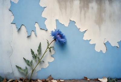 The primary subject of the image is a single blue flower, which is situated in the middle of a wall. The setting is a blue wall, and the visual style appears to be a photo. The dominant colors in the image are blue and purple, creating a calm and serene atmosphere.