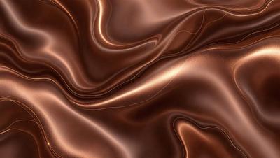 The primary subject of the image is a close-up of a copper-colored fabric, which appears to be a piece of silk. The setting is a room with a wall, and the visual style is a close-up of the fabric. The colors and mood of the image are predominantly copper and warm, creating a sense of luxury and elegance.