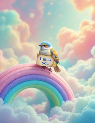 The primary subject of the image is a small bird perched on a rainbow-colored cloud. The bird is holding a sign that reads "I miss you." The setting is a whimsical, colorful environment with clouds and rainbows. The visual style is a combination of digital art and illustration, creating a vibrant and playful atmosphere. The colors and mood are predominantly bright and cheerful, reflecting the bird's message of longing for someone.