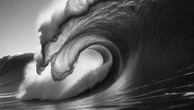 The image features a large wave crashing into the ocean, creating a dramatic scene. The wave is the primary subject, and it is captured in a black and white photo, giving it a timeless and classic feel. The setting is the ocean, with the wave being the main focus. The visual style is a black and white photo, which adds to the dramatic atmosphere of the scene. The colors and mood of the image are dominated by the contrasting black and white tones, creating a sense of intensity and power.