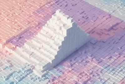 The primary subject of the image is a large white triangle made of blocks, which is the main object, scene, or focus of the image. The setting is a colorful, patterned surface, which serves as the backdrop for the triangle. The visual style of the image is a combination of photo and digital art, creating a unique and eye-catching presentation. The dominant colors in the image are white and various shades of pink, which contribute to a warm and vibrant atmosphere.