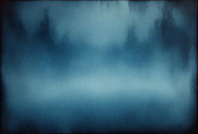 The primary subject of the image is a large body of water, possibly an ocean or a lake. The setting is a vast, open space with a blue sky in the background. The visual style appears to be a painting or a drawing, with a focus on the water and its surroundings. The colors and mood of the image are predominantly blue, creating a serene and peaceful atmosphere.