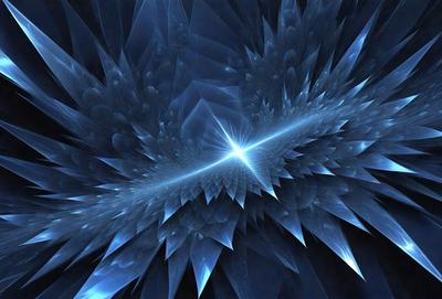 The primary subject of the image is a blue, crystal-like structure with a bright, white light shining through it. The setting appears to be a dark, blue background, which contrasts with the bright light. The visual style of the image is a combination of digital art and illustration, creating a unique and captivating scene. The dominant colors in the image are blue and white, with the blue crystal structure and the white light creating a sense of depth and contrast.