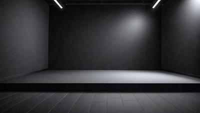 The primary subject of the image is a large, empty stage with a black background. The setting is a dark room, and the visual style appears to be a photo. The colors and mood of the image are predominantly dark, with the black stage and the surrounding darkness creating a dramatic and moody atmosphere.