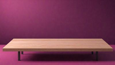 The primary subject of the image is a wooden table or bench. The table is placed on a purple surface, which serves as the setting or background. The visual style of the image is a photo, capturing the wooden table in its natural environment. The colors and mood of the image are predominantly purple, creating a calm and serene atmosphere.