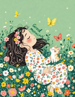 The primary subject of the image is a girl lying in a field of flowers. The setting is a lush, colorful garden with a variety of flowers surrounding her. The visual style is a combination of digital art and illustration, creating a vibrant and whimsical atmosphere. The colors and mood are predominantly cheerful and uplifting, with the girl and the flowers exuding a sense of happiness and tranquility.