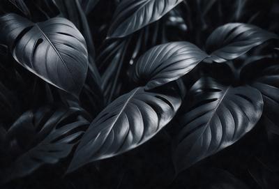 The primary subject of the image is a close-up of a large, dark green leaf. The leaf is the main focus of the image, and it is set against a black background. The visual style of the image is a black and white photo, which adds a sense of depth and contrast to the scene. The overall atmosphere of the image is dark and moody, with the large leaf being the only prominent element in the frame.