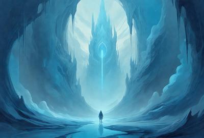 The primary subject of the image is a person standing in a cave, with a blue light illuminating the area. The setting is a cave with a blue light, and the visual style is digital art. The colors and mood of the image are predominantly blue, creating a calm and serene atmosphere.