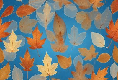 The primary subject of the image is a collection of autumn leaves floating in the air. The leaves are arranged in a pattern, creating a visually appealing scene. The setting is a blue background, which contrasts with the warm colors of the leaves. The visual style of the image is a combination of photo and digital art, giving it a unique and artistic appearance. The dominant colors are orange and yellow, which evoke a sense of warmth and nostalgia. Overall, the image conveys a serene and peace