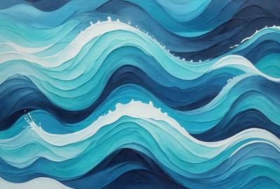 The primary subject of the image is a painting of a wave, featuring a blue ocean with white foam. The setting is a blue ocean, and the visual style is a painting. The dominant colors are blue and white, creating a serene and calming atmosphere.
