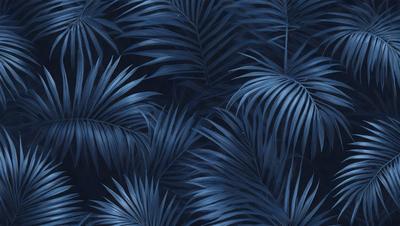The primary subject of the image is a blue and green palm tree pattern. The setting is a dark blue background, which creates a contrast with the palm tree pattern. The visual style is a combination of a photo and a digital art, illustration, or drawing. The dominant colors are blue and green, giving the image a calm and relaxing atmosphere.
