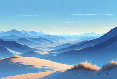 The primary subject of the image is a mountain range with a blue sky in the background. The setting is a vast, open landscape with a mountain range in the distance. The visual style is a digital art or illustration, creating a sense of depth and vastness. The colors and mood are predominantly blue, with a serene and peaceful atmosphere.