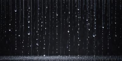 The primary subject of the image is a rainy scene with a focus on the raindrops falling from the sky. The setting is a dark background, which adds to the mood of the image. The visual style is a photo, capturing the raindrops as they fall. The colors are predominantly dark, with the raindrops being the main focus, creating a moody atmosphere.