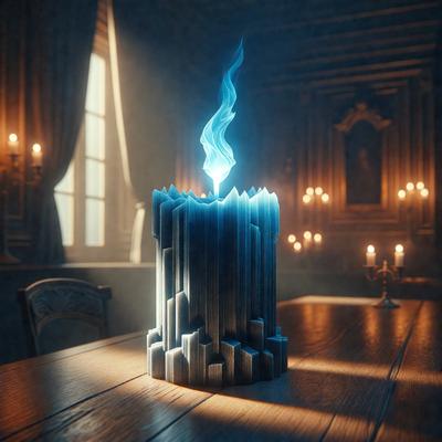 The primary subject of the image is a tall, thin, and colorful candle holder with a lit candle inside. The candle holder is placed on a wooden table, which serves as the setting for the scene. The visual style of the image is a digital art, creating a unique and artistic representation of the candle holder. The dominant colors in the image are blue and white, giving the scene a calm and serene atmosphere.