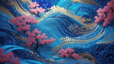 The primary subject of the image is a tree with pink flowers, which is the main focus of the scene. The tree is situated in front of a blue and gold ocean wave, creating a visually appealing contrast between the natural and the artificial elements. The setting appears to be a digital art or illustration, as the tree and the ocean wave are depicted in a vibrant and detailed manner. The overall atmosphere of the image is serene and calming, with the combination of the tree's delicate flowers and the ocean