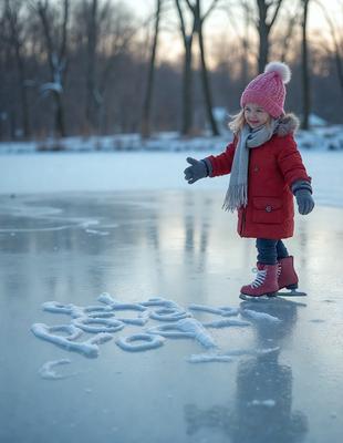 The primary subject of the image is a young girl wearing a red coat and skating on a frozen lake. She is smiling and appears to be enjoying her time on the ice. The setting is a frozen lake, and the visual style is a photo. The colors in the image are predominantly white and red, creating a cold and wintry atmosphere.