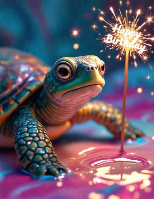 The primary subject of the image is a turtle, which is the main focus of the scene. The turtle is sitting on a surface with a pink background, and it appears to be looking at a birthday cake. The visual style of the image is a photo, and the colors and mood are predominantly pink and celebratory.