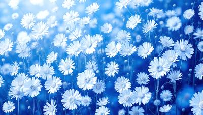 The primary subject of the image is a field of white flowers, which are the main objects in the scene. The setting is a blue background, which adds a vibrant and lively atmosphere to the image. The visual style is a combination of photo and digital art, creating a realistic yet artistic representation of the flowers. The colors and mood of the image are predominantly white and blue, giving it a serene and peaceful appearance.