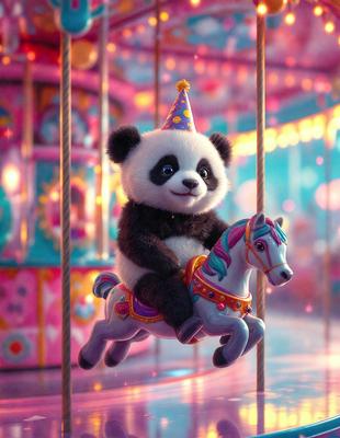 The primary subject of the image is a stuffed panda bear wearing a birthday hat and sitting on a toy horse. The setting is a carnival or a similar festive environment, as indicated by the presence of a Ferris wheel in the background. The visual style is a digital art or illustration, creating a whimsical and playful atmosphere. The colors are predominantly pink and purple, which are associated with the carnival and birthday themes.