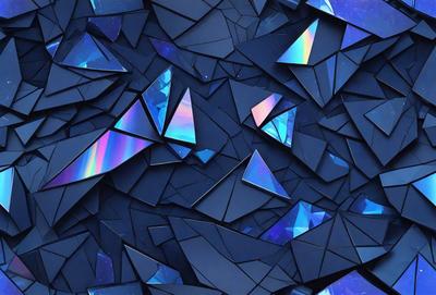 The primary subject of the image is a blue and white patterned background, which appears to be a combination of glass and mirror pieces. The setting is a dark blue background, and the visual style is a mix of digital art and illustration. The colors and mood of the image are predominantly dark and moody, with the blue and white pattern creating a sense of depth and intrigue.