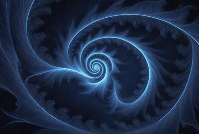 The primary subject of the image is a spiral pattern, which is the main object, scene, or focus of the image. The spiral pattern is set against a blue background, creating a visually striking contrast. The spiral pattern is depicted in a digital art style, giving it a modern and artistic appearance. The overall atmosphere of the image is one of intricacy and beauty, with the blue color adding a sense of calmness and tranquility.