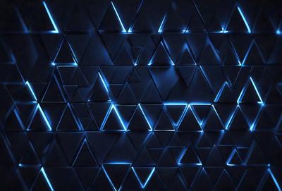 The primary subject of the image is a blue wall with a pattern of triangles. The setting is a dark room, and the visual style appears to be a digital art or illustration. The dominant colors are blue and black, creating a moody atmosphere.
