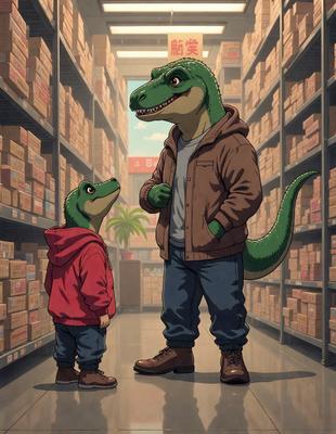 The primary subject of the image is a large green dinosaur standing next to a smaller green dinosaur. The setting is a store, with shelves and boxes visible in the background. The visual style is an animated or drawn illustration, giving the scene a lively and engaging atmosphere. The colors are predominantly green, which adds to the dinosaur theme and creates a sense of camaraderie between the two dinosaurs.