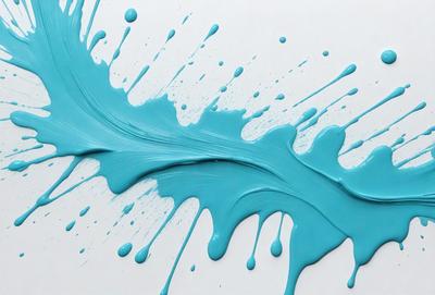 The primary subject of the image is a blue paint splatter on a white surface. The setting is a white background, and the visual style appears to be a close-up of the paint splatter. The dominant colors are blue and white, creating a clean and vibrant atmosphere.