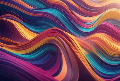 The primary subject of the image is a colorful, abstract artwork featuring a wave-like pattern. The setting is a colorful background, which adds to the vibrant atmosphere of the piece. The visual style is a combination of digital art and illustration, creating a unique and eye-catching design. The dominant colors in the artwork are purple, blue, and orange, which contribute to the overall mood of the piece.