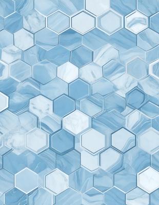 The primary subject of the image is a blue and white hexagonal tile pattern. The setting is a blue background, which creates a visually appealing contrast with the white hexagons. The visual style is a combination of a photo and digital art, as the hexagons are arranged in a visually pleasing manner. The colors and mood of the image are predominantly blue and white, giving it a clean and modern appearance.