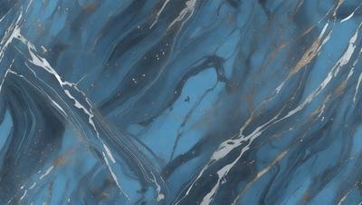 The primary subject of the image is a blue marble tile with a pattern of swirls and streaks. The setting is a bathroom, and the visual style is a close-up of the tile. The dominant colors are blue and grey, creating a calm and soothing atmosphere.