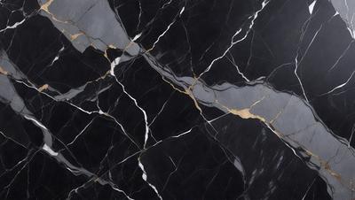 The primary subject of the image is a black and gold marble tile. The setting is a black and white marble tile, which creates a striking contrast with the gold accents. The visual style is a close-up of the marble tile, showcasing its intricate patterns and textures. The colors and mood of the image are predominantly black and gold, giving it a luxurious and elegant appearance.