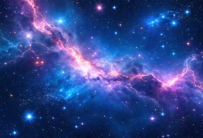 The primary subject of the image is a vibrant and colorful space scene, featuring a purple and blue background with a brightly lit nebula. The visual style of the image is a combination of photo and digital art, creating a stunning and detailed representation of the celestial landscape. The colors and mood of the image are lively and energetic, with the purple and blue hues evoking a sense of wonder and exploration.